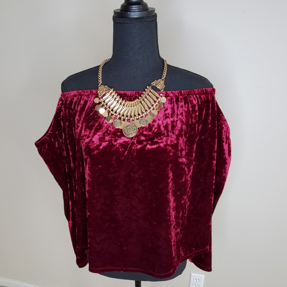 Beautiful burgundy velvet off the shoulders blouse